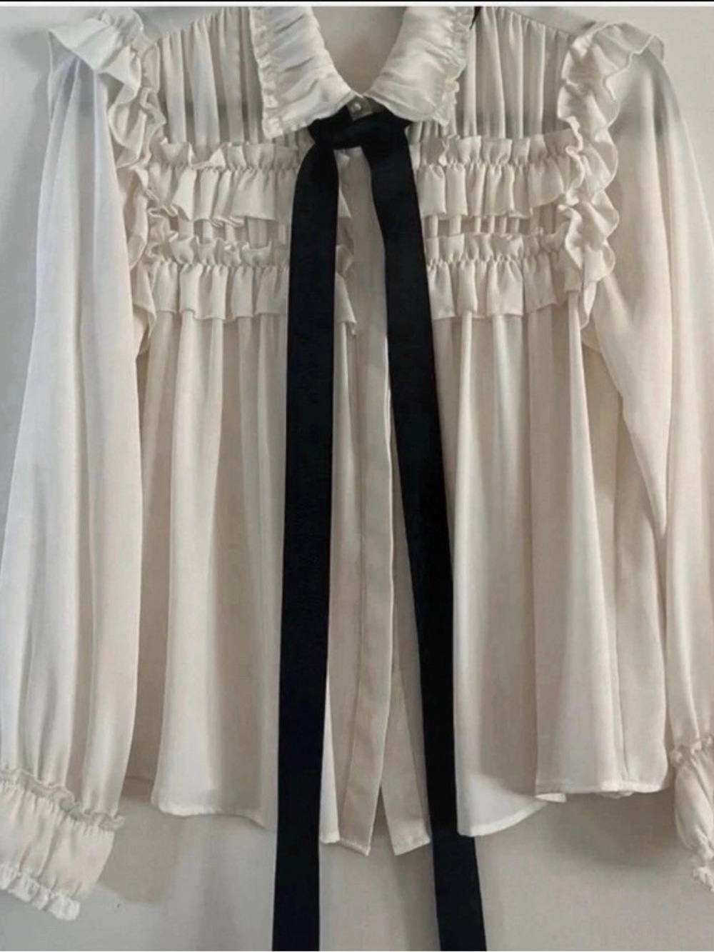 Zara Cream Ruffle Tie-Neck Blouse with Black Ribbon